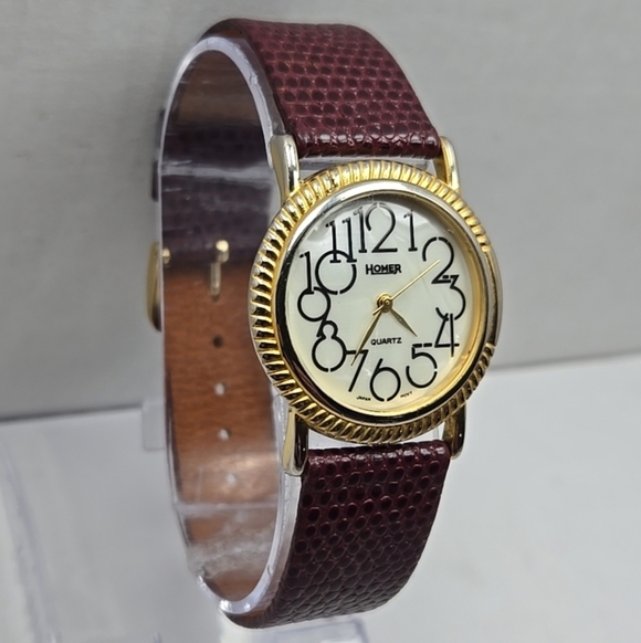Womens Vintage MOP Homer Quartz Watch Gold Tone Brown Leather Band New Battery